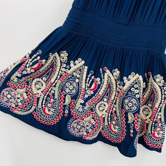 Ramy Brook Navy Blue Embroidered Smocked Waist Mini Dress size Small Flutter - Picture 4 of 10